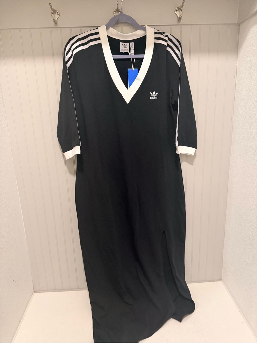adidas Black V-Neck Maxi Dress with White Stripe Detail - Picture 5 of 7